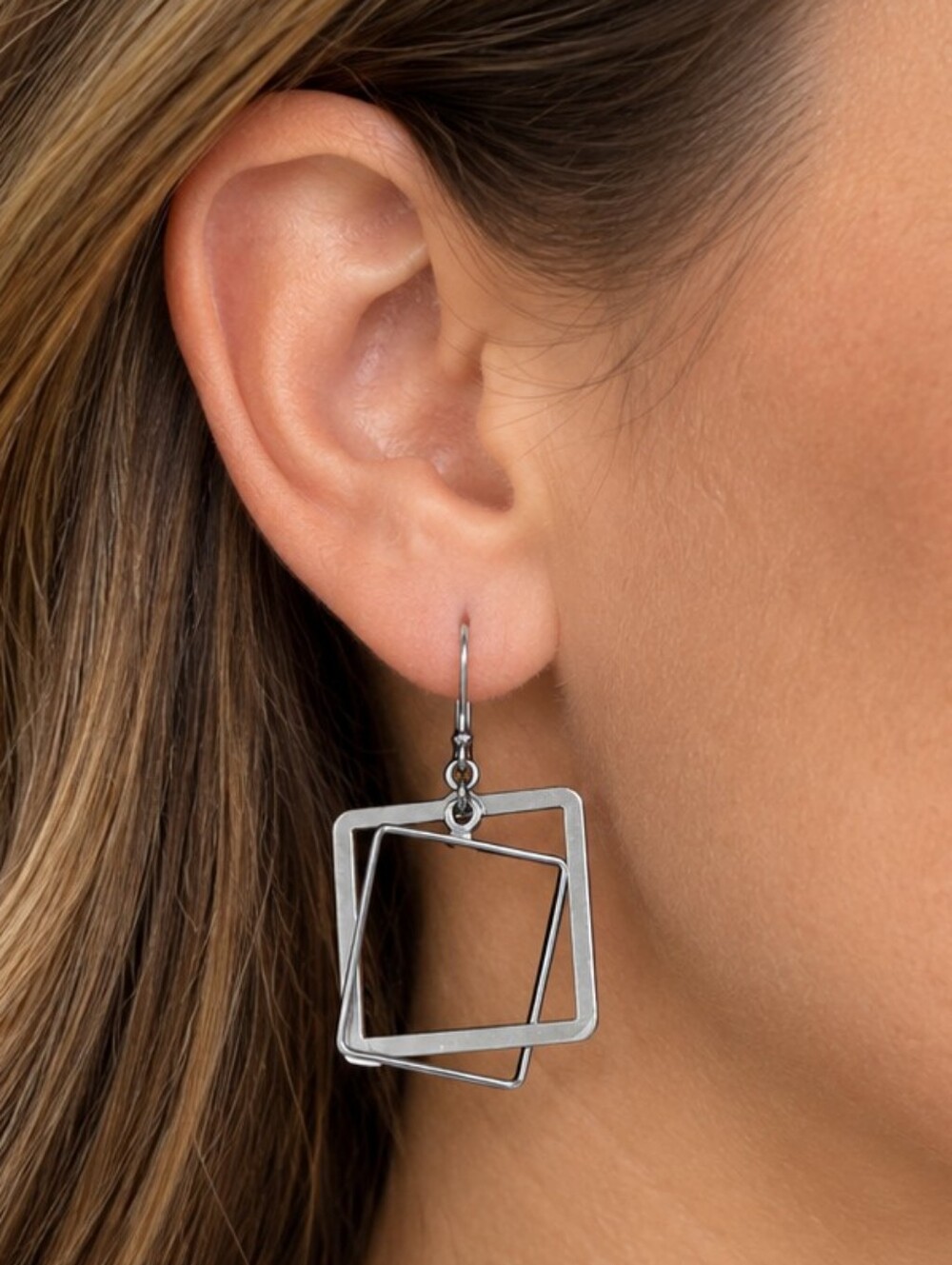 Geometric Double Square Dangle Drop Earrings Silver Tone Modern Minimalist